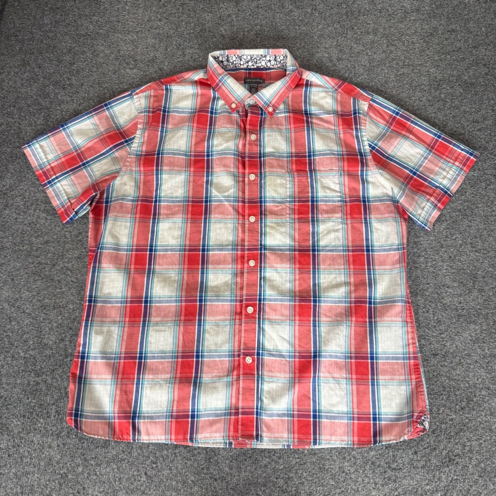 Van Heusen Mens XL Red Blue Plaid Short Sleeve Button Down Shirt Classic Dress